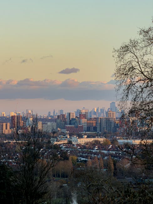 A scenic view of an urban skyline during late afternoon or early evening, with a mix of high-rise buildings and smaller structures visible across the horizon. In the foreground, leafless trees with dark, textured branches frame the scene, indicating a colder season. The sky above features a gradient of soft pastel tones, transitioning from pale yellow near the horizon to a light greenish hue higher up, with a few scattered clouds. The cityscape includes modern glass-fronted buildings and traditional brick constructions, with some rooftops partially obscured by trees. This image highlights the contrast between natural and constructed environments, illustrating typical city outskirts or suburban areas that may require independent rubbish collection or waste management services. The scene appears calm and lightly illuminated by natural light, with no visible activity or vehicles. Such settings are common locations for private waste collection services, such as those provided by Rubbish Collection Harrow, to manage rubbish removal in urban and semi-urban environments.